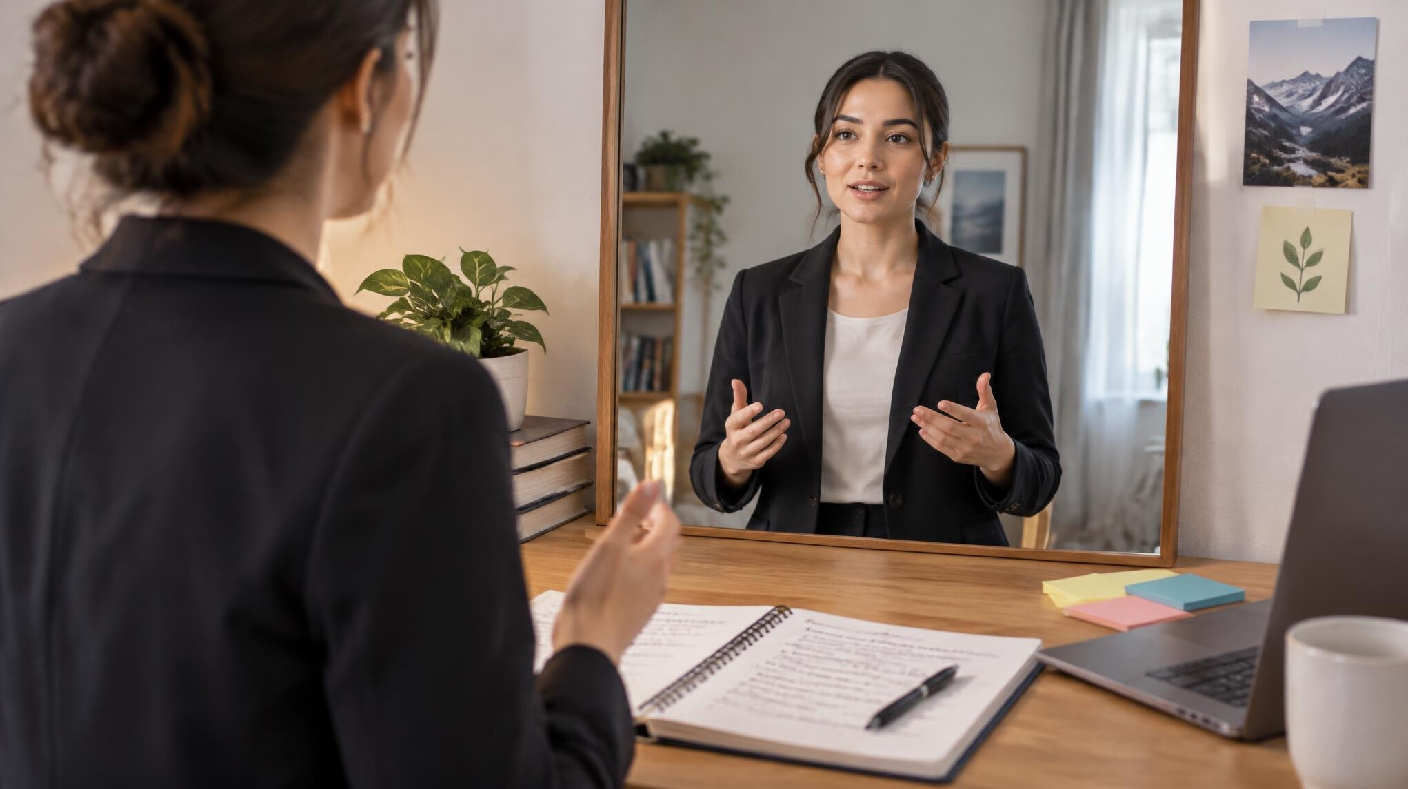 woman practicing speech in mirror