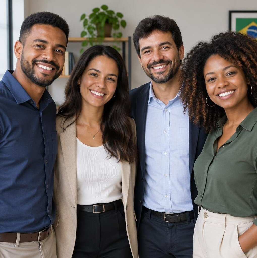 Group of four diverse brazilian professionals smiling together