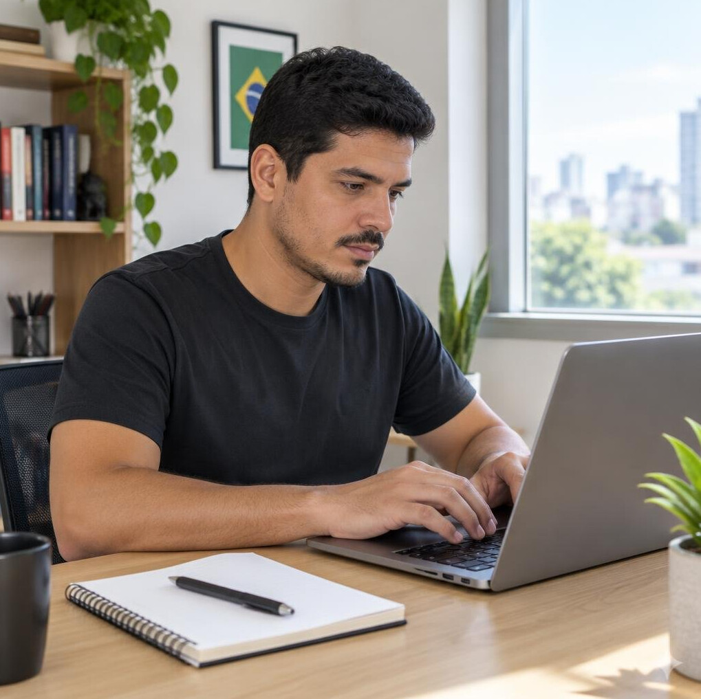 Brazilian man typing an email on a laptop at a desk