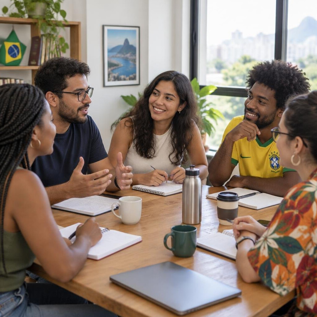 Small brazilian group discussing ideas around a table