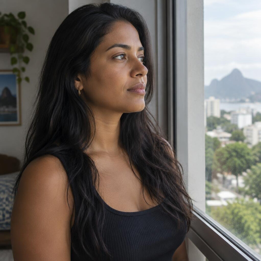 Brazilian woman looking thoughtfully out of a window
