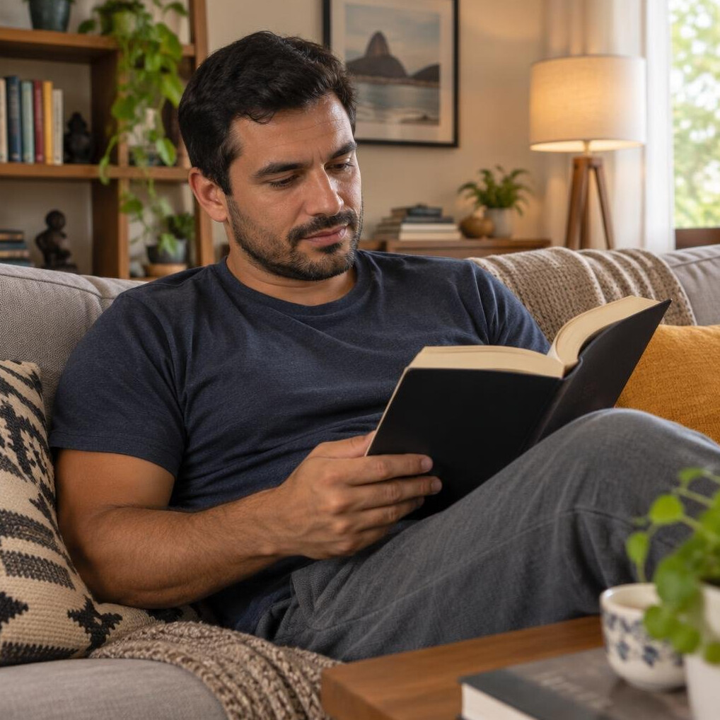 Brazilian man reading a book attentively on a sofa