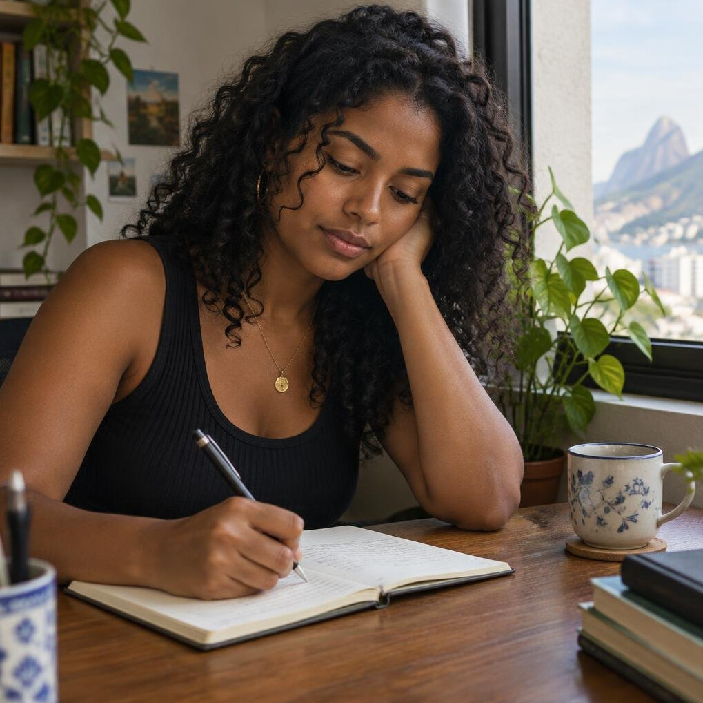 Brazilian woman writing thoughtfully in a journal at a wooden table